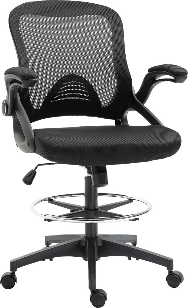 Cadeira de escritório ergonómica, com apoio para os pés com encosto em malha, altura ajustável, braços, assento almofadado e giratório a 360°, preta