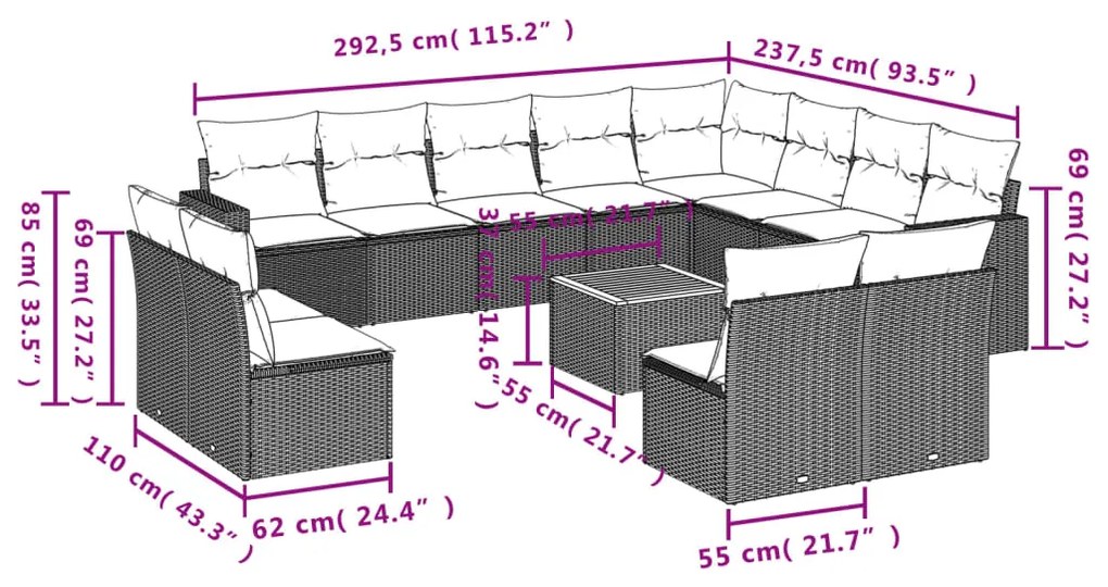 13 pcs conjunto de sofás p/ jardim com almofadões vime PE bege