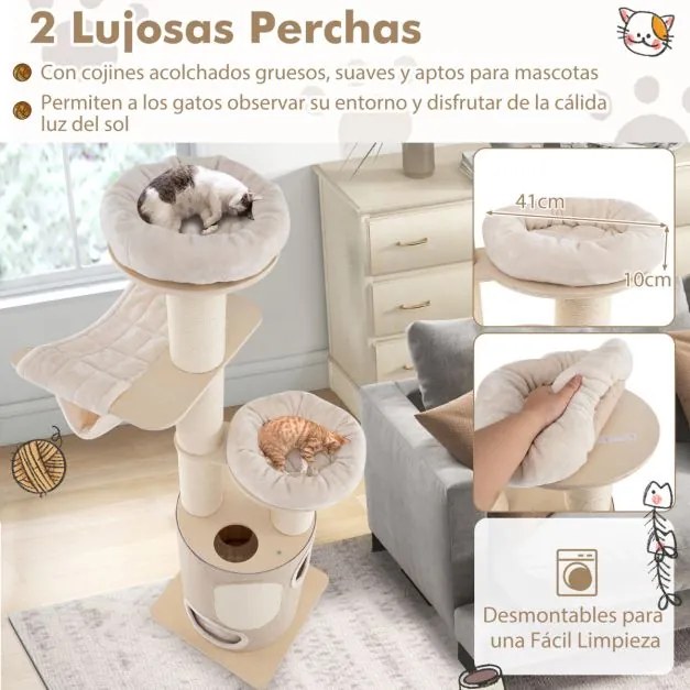 Arranhador para gatos 187 cm com 2 andares  Redes Posto de arranhar Sisal Tapete Bola Almofadas Natural