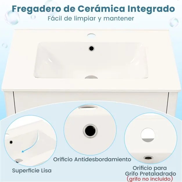 Armário de casa de banho com lavatório de cerâmica e arrumação com 2 gavetas e 2 portas branco