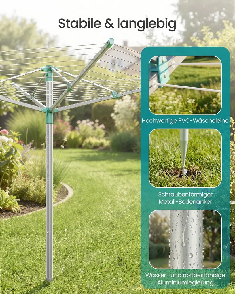 Estendal de roupa com altura ajustável 139,4 x 139,4 x (120-180) cm e fixação ao chão para 4 cargas de roupa, prateado-verde