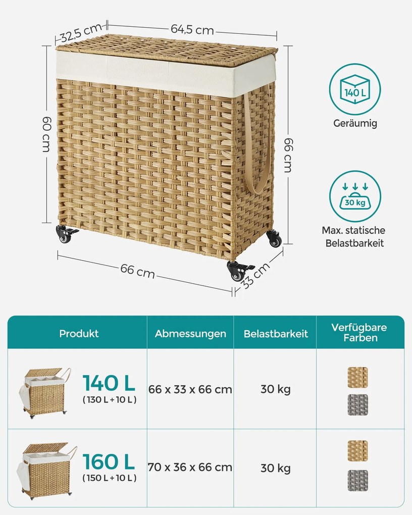 Cesto para roupa suja com Rodas 140 litros 66 x 33 x 60 cm Natural