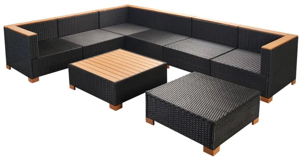 8 pcs conjunto lounge de jardim c/ almofadões vime PE preto