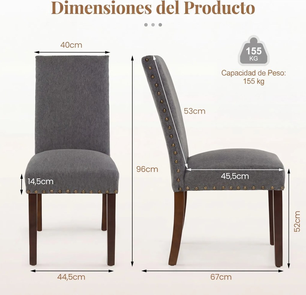 Conjunto de 2 Cadeiras de Jantar Estofadas, 44,5 x 67 x 96 cm, Assento Acolchoado, Cinzento