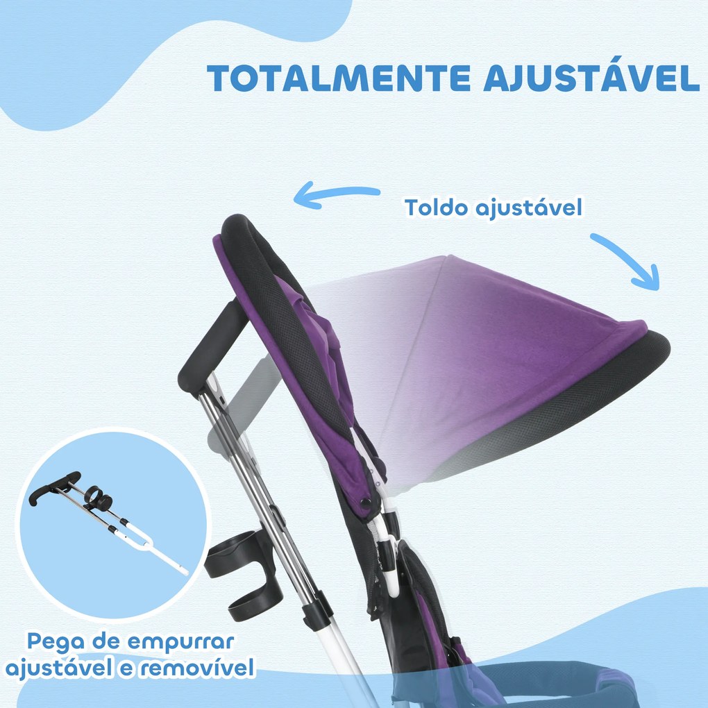 Triciclo Evolutivo para Bebés de +12 Meses 2 em 1 com Toldo Dobrável Guiador Cinto de Segurança e Cesto 95x50x106 cm Roxo
