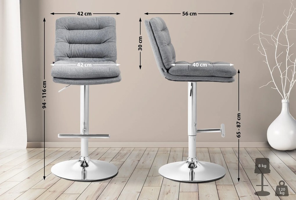 Banco de bar Damar em tecido com estrutura cromada 94-116 x 42 x 56 cm Cinzento