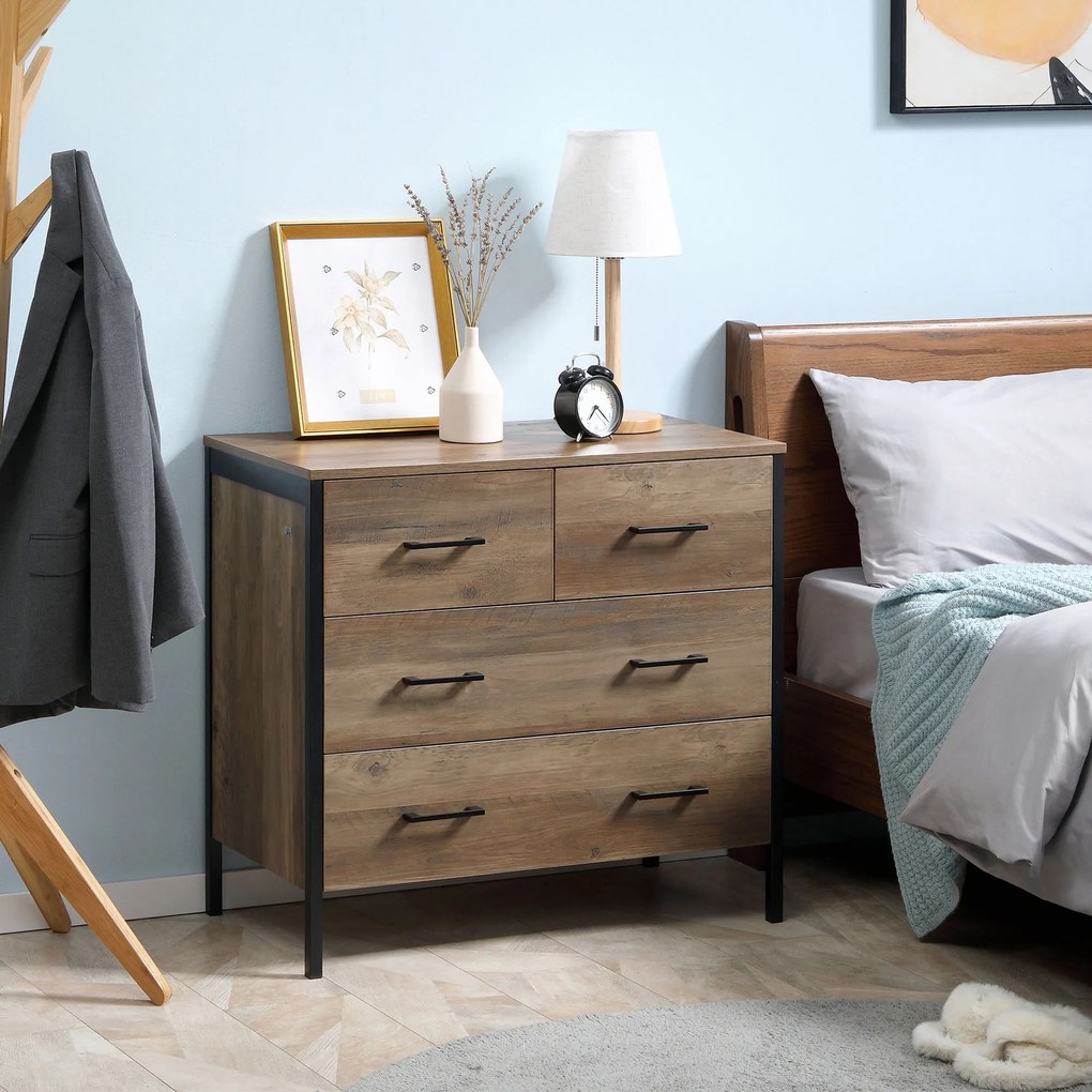 HOMCOM Cómoda com 4 Gavetas Cómoda de Madeira para Dormitório Móvel de Armazenamento Estilo Industrial para Escritório Dormitório Anti-Tombo 80x40x75cm Marrom e Preto