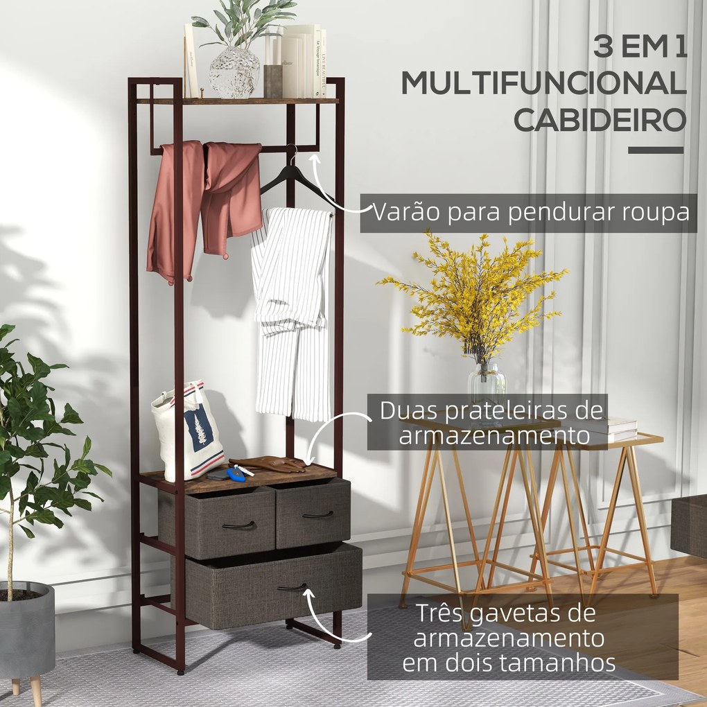 Suporte para Cabides com 3 Gavetas de Tecido Barra para Pendurar e Prateleira para Entrada Quarto 58,5x30x178 cm Castanho Rústico