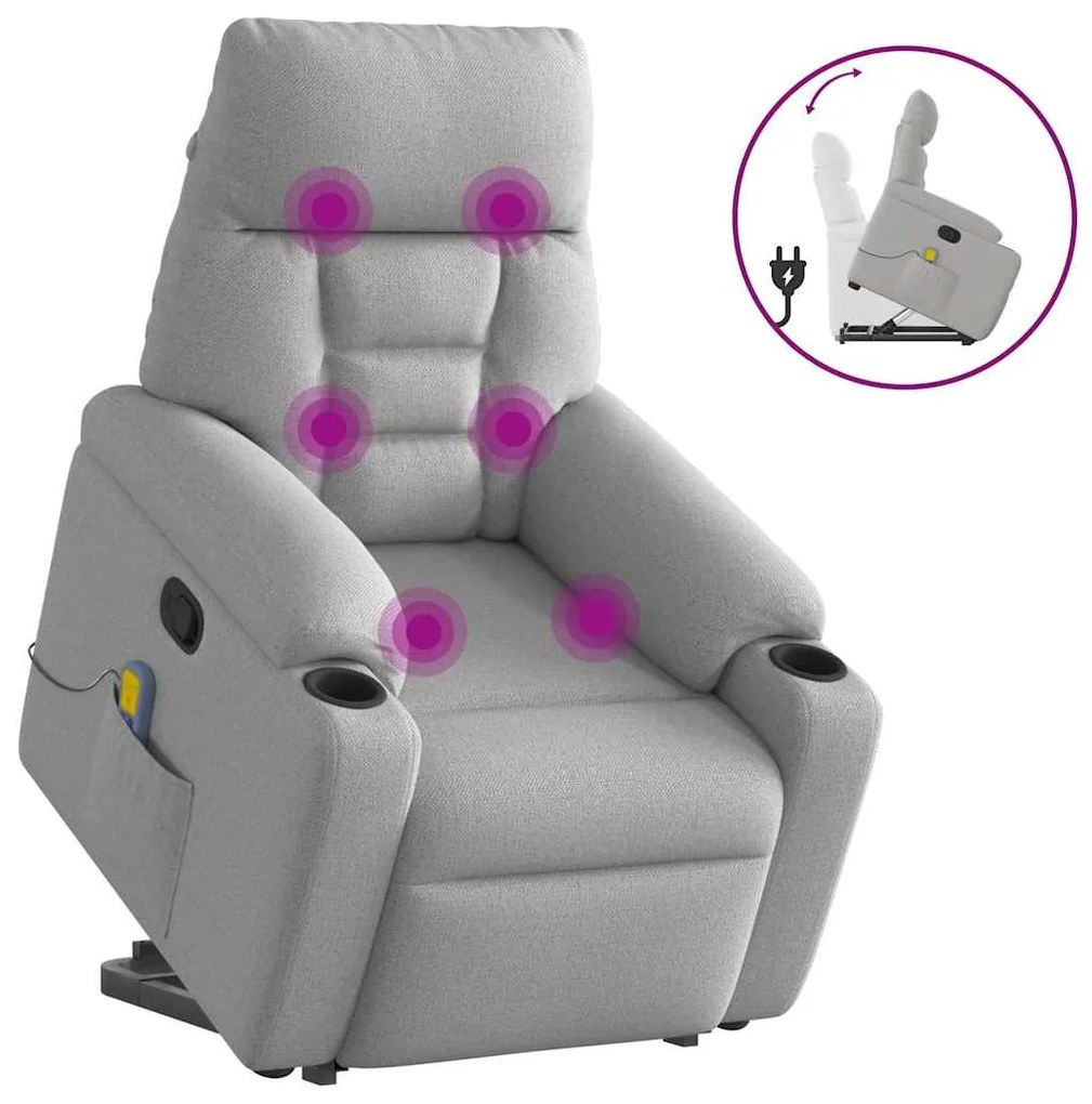 vidaXL Poltrona elevatória de massagens tecido cinzento-nublado
