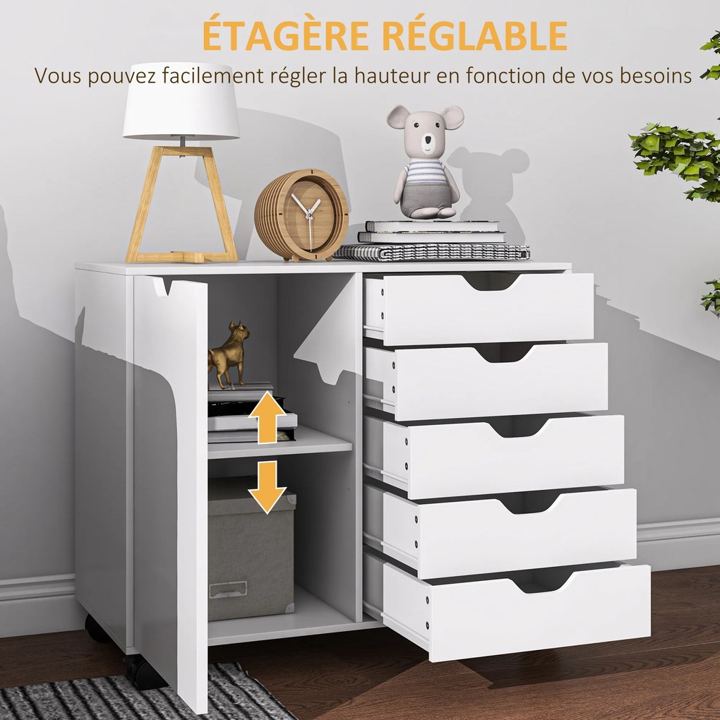 Móvel de arrumação para escritório com 5 gavetas 78 x 40 x 66,5 cm, 1 porta, prateleira ajustável, suporte para impressora e rodas, branco