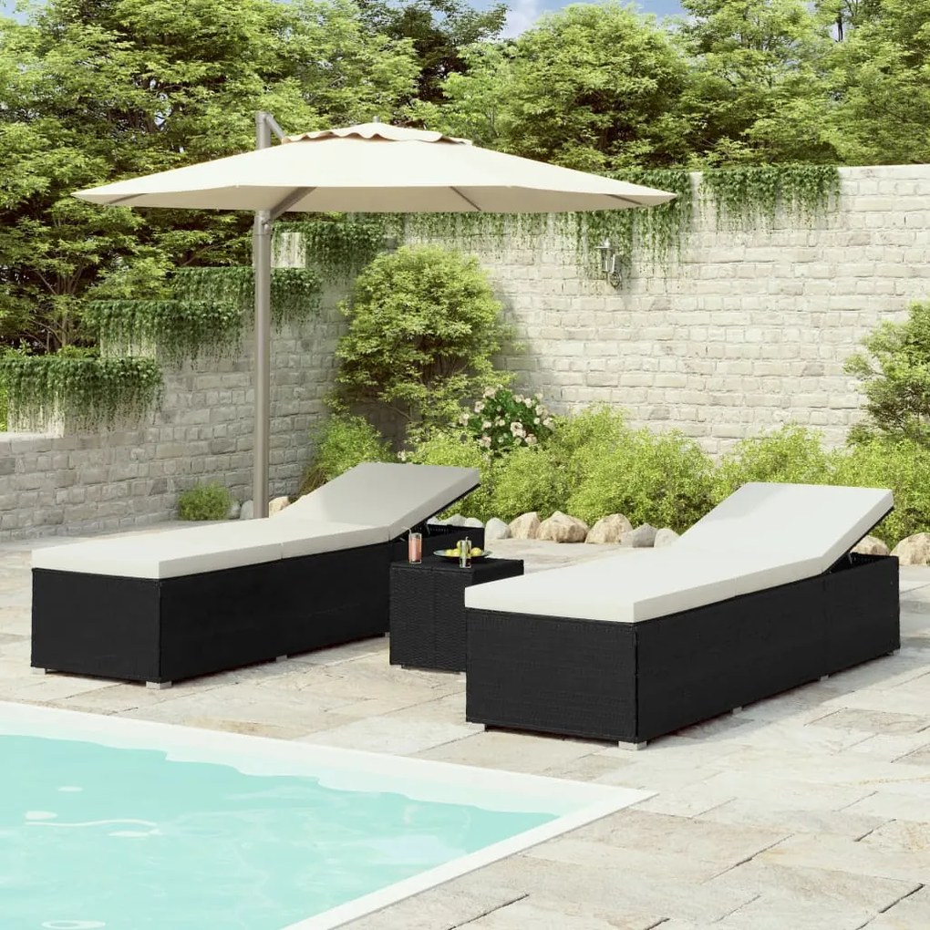 vidaXL 3 pcs espreguiçadeiras jardim c/ mesa de centro vime PE preto