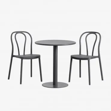 Conjunto De Mesa Redonda Ø70 Cm E 2 Cadeiras De Jardim Mizzi Cinza Grafito - Sklum