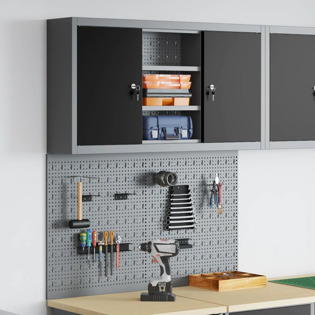 Conjunto de Armário de Ferramentas e Painel de Ferramentas VidaXL 3 Peças Montado na Parede em Metal Preto