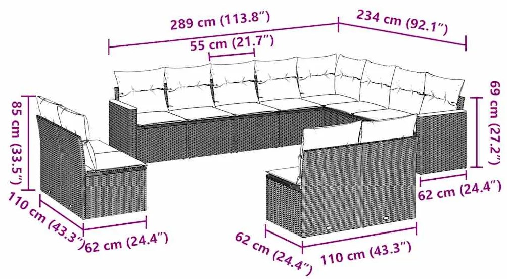 12 pcs conjunto de sofás de jardim c/ almofadões vime PE preto