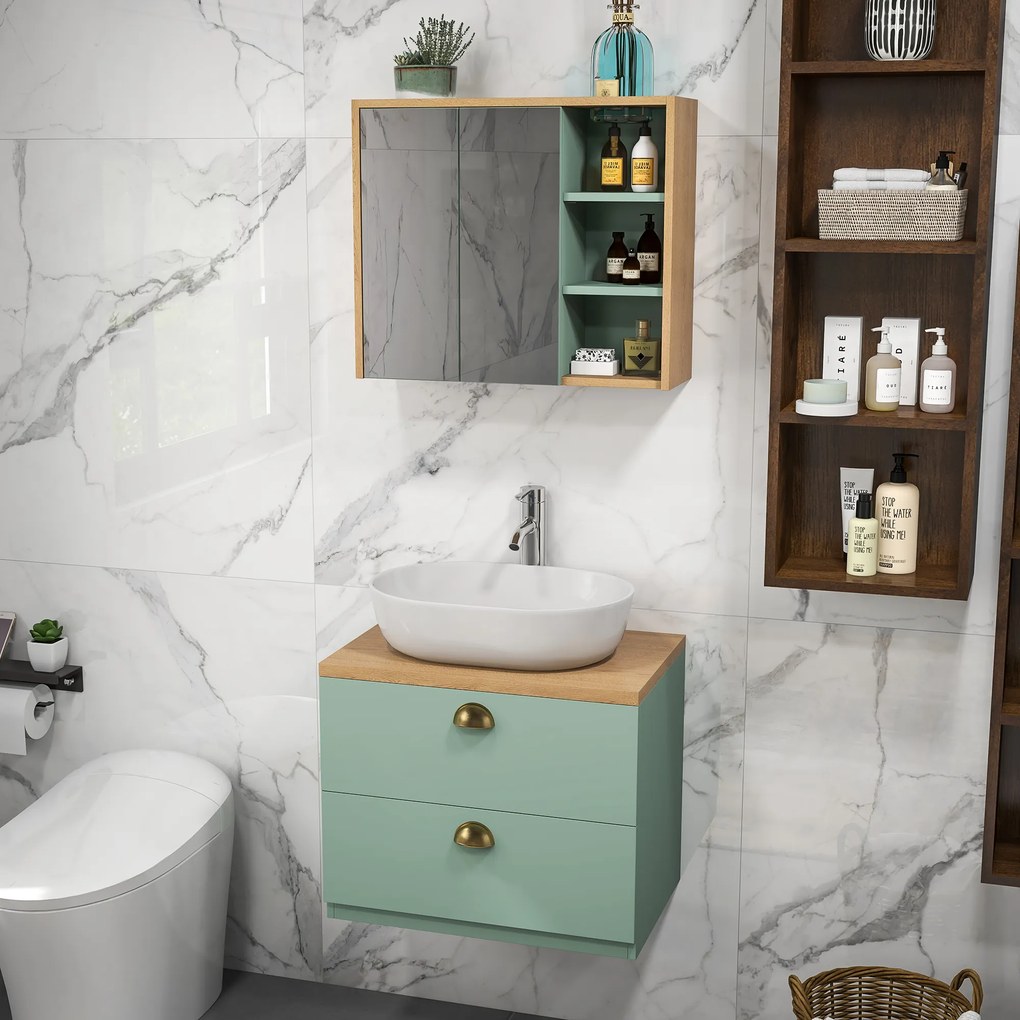 Conjunto de 2 móveis de casa de banho com prateleiras ajustáveis e 2 gavetas (LAVATORIO NÃO INCLUIDO), design escandinavo, verde