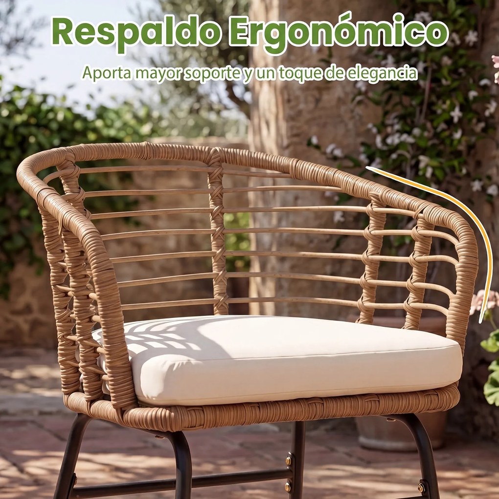 Conjunto jardim de rattan PE para exterior com almofadas macias, Estrutura metálica e tampo em vidro temperado para pátio ou terraço, cor bege
