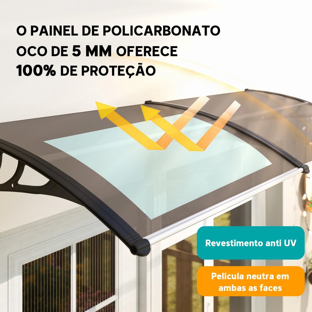 Marquise para Portas e Janelas 195x75 cm Marquise com Proteção para Sol e Chuva com Painéis de Policarbonato Castanho