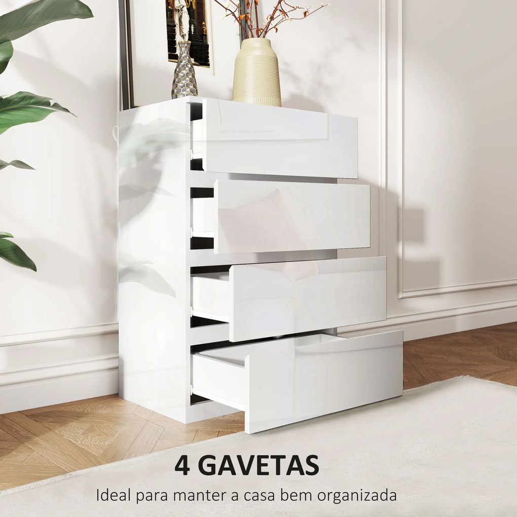 Cómoda com 4 Gavetas de Madeira Cómoda de Dormitório Cómoda Branca Estilo Moderno 55x33x80 cm Branco Brilhante