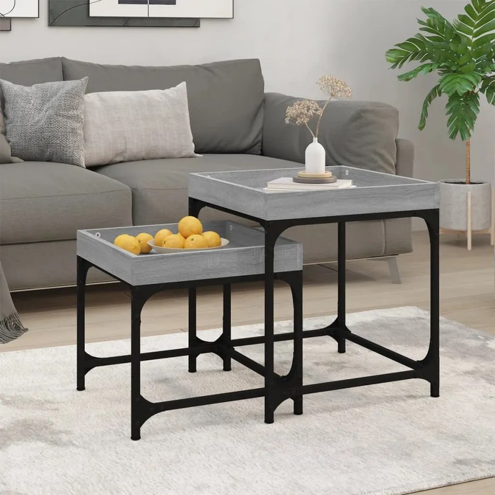 823285 vidaXL Mesas de apoio 2 pcs derivados de madeira cinzento sonoma