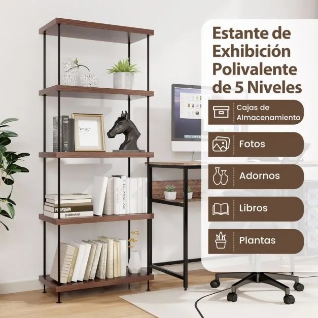 Estante multifunções de 5 níveis com estrutura metálica para arrumação doméstica 60 x 147 cm Nogueira