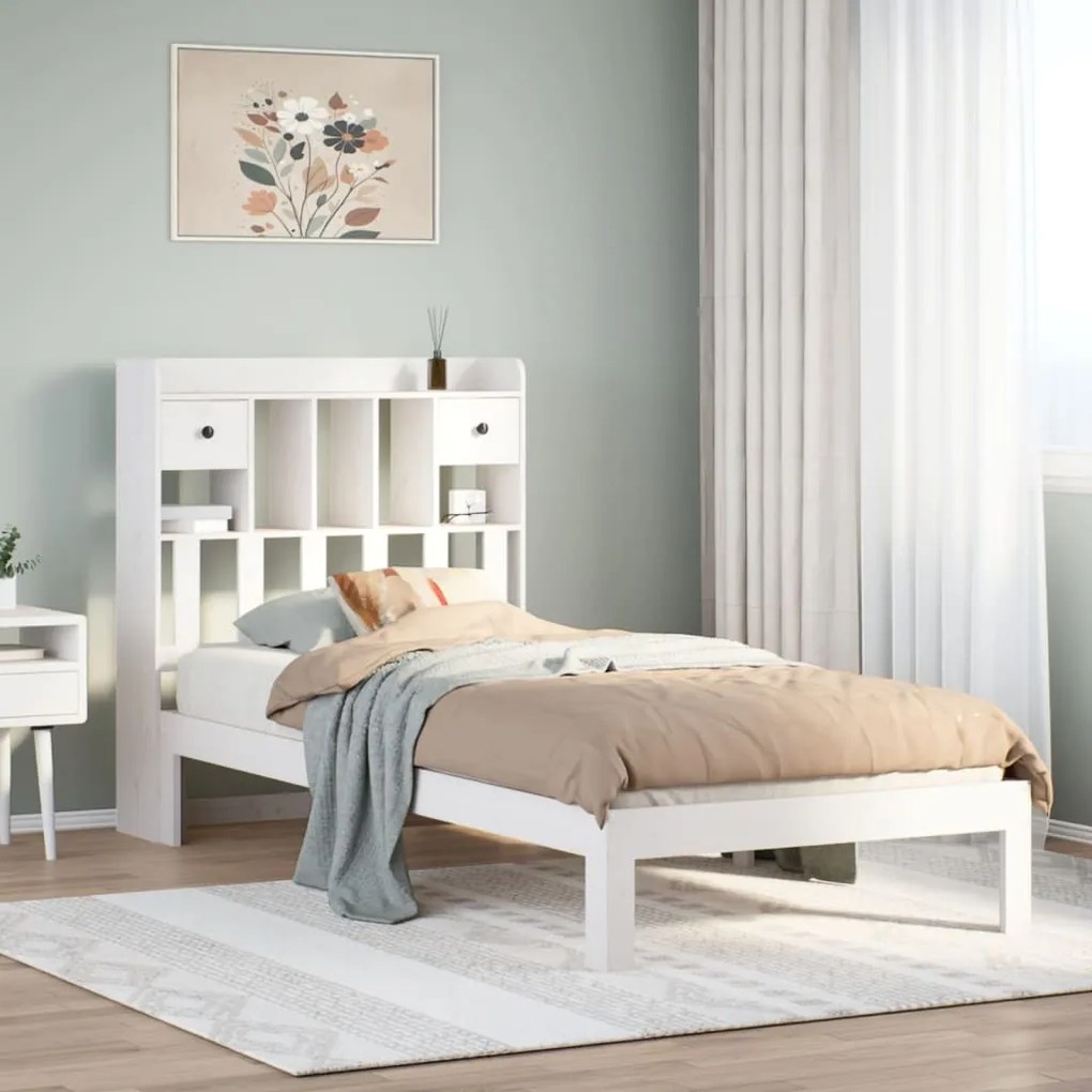 Cama com estante sem colchão 75x190 cm pinho maciço branco