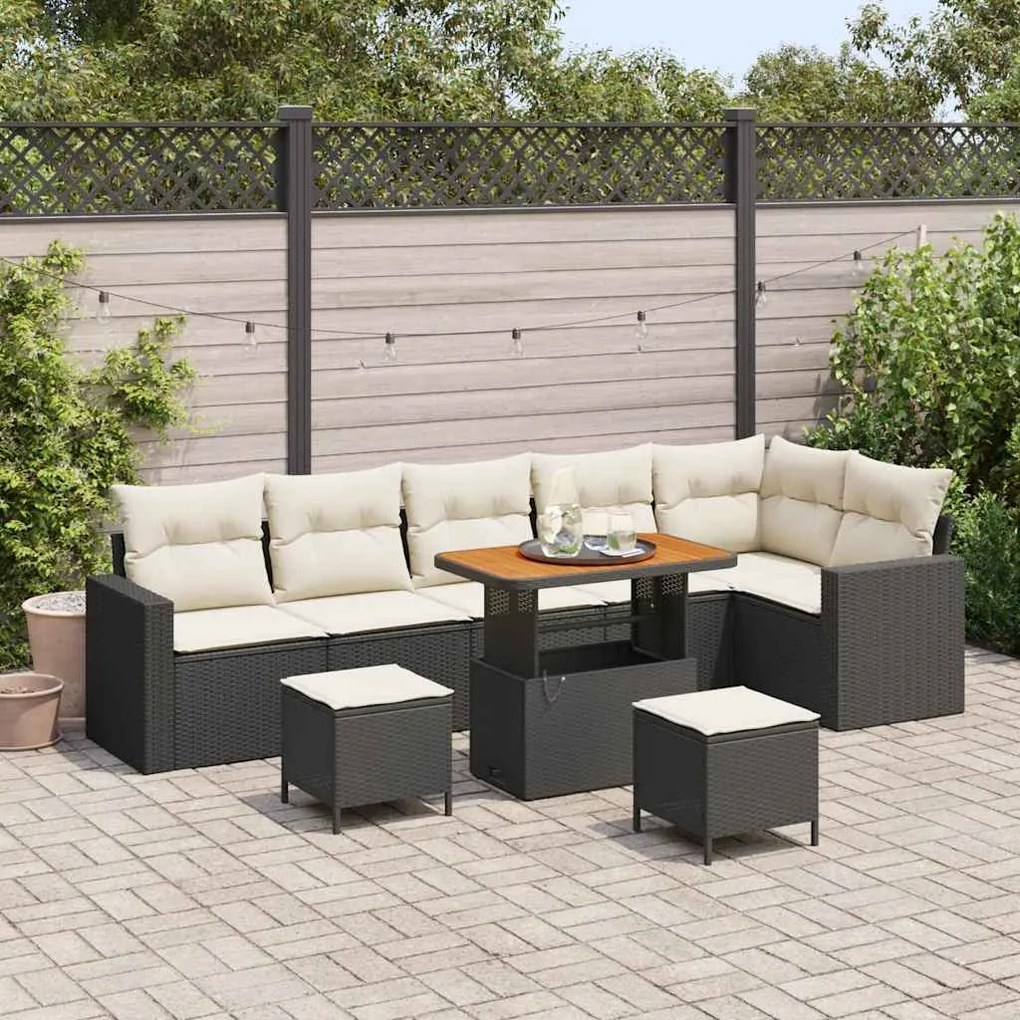 vidaXL Conjunto de Sofá de Jardim de 9 Peças com Almofadas Pretas em Rattan de Poliéster e Acácia.
