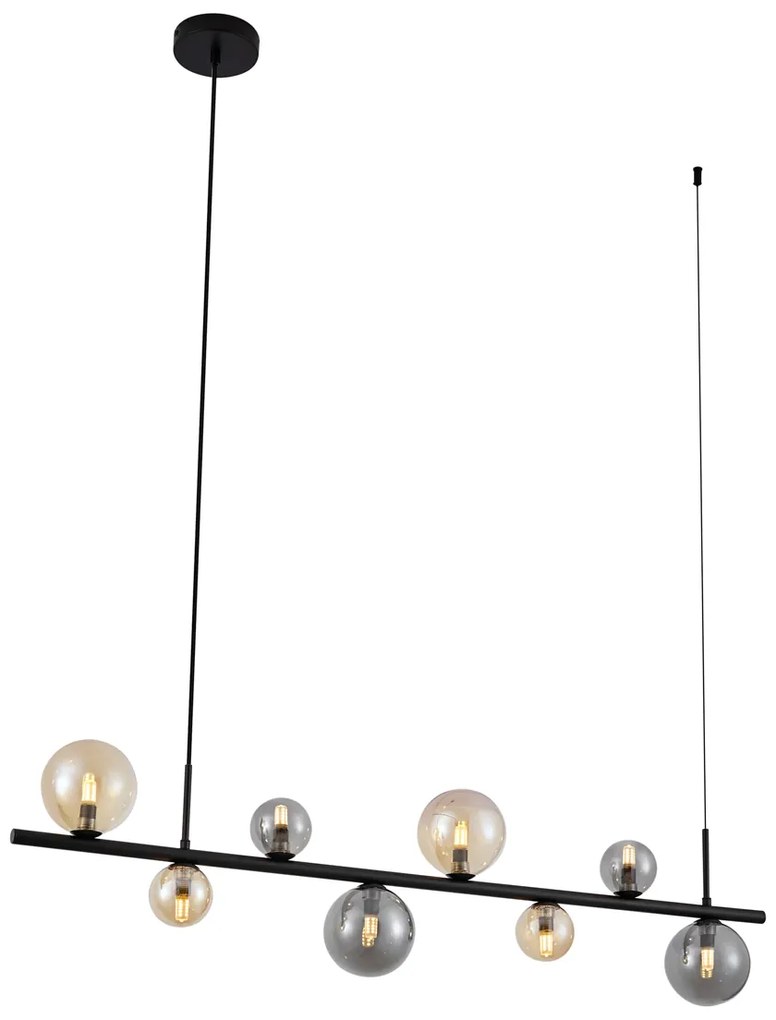 Candeeiro suspenso preto com vidro fumê e âmbar retangular 8-luzes - Monaco