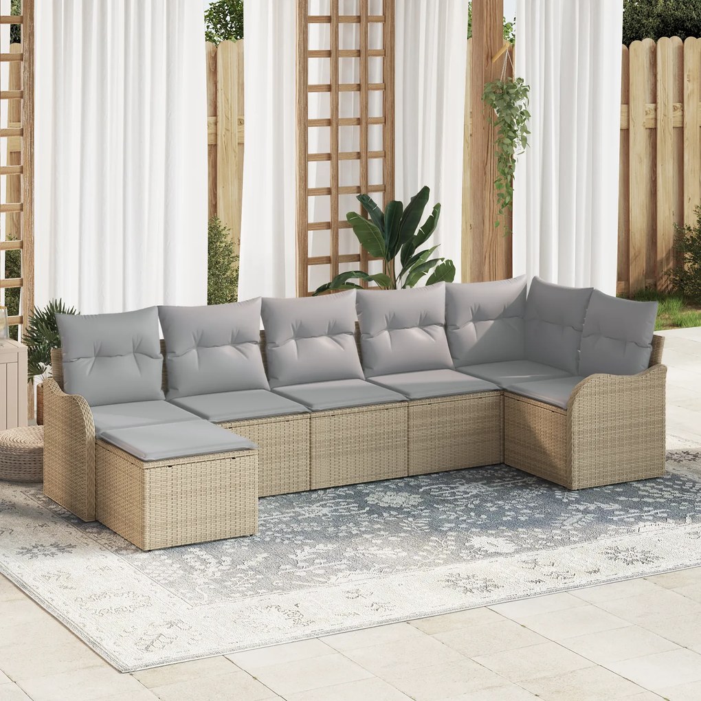 Conjunto de Sofá de Jardim vidaXL 7 Peças com Almofadas Bege Rattan Poliéster