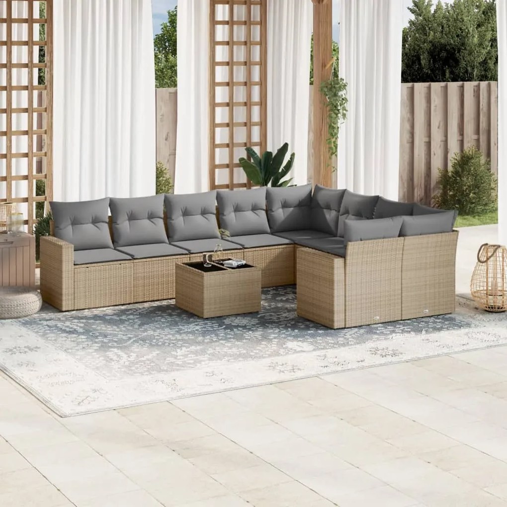 10 pcs conjunto de sofás p/ jardim com almofadões vime PE bege