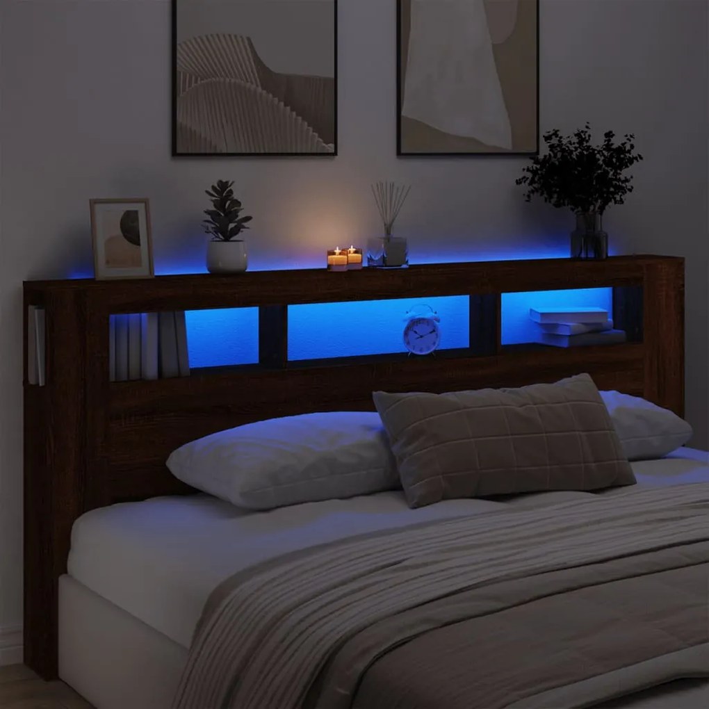 Cabeceira de Cama Giancarlo com Luzes LED - 220cm - Castanho - Design