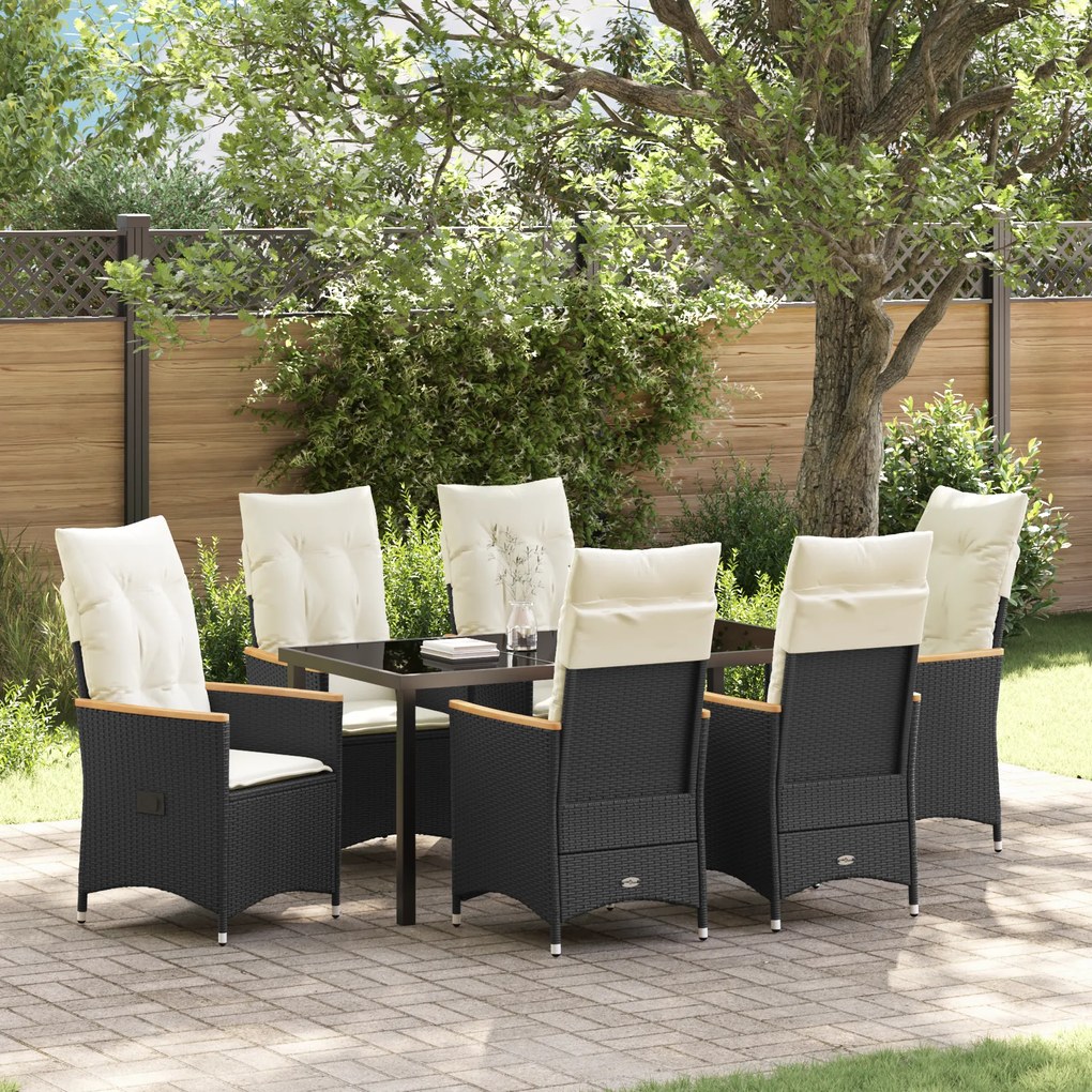 vidaXL Conjunto de Jantar de Jardim de 7 Peças com Almofadas em Rattan Sintético Preto