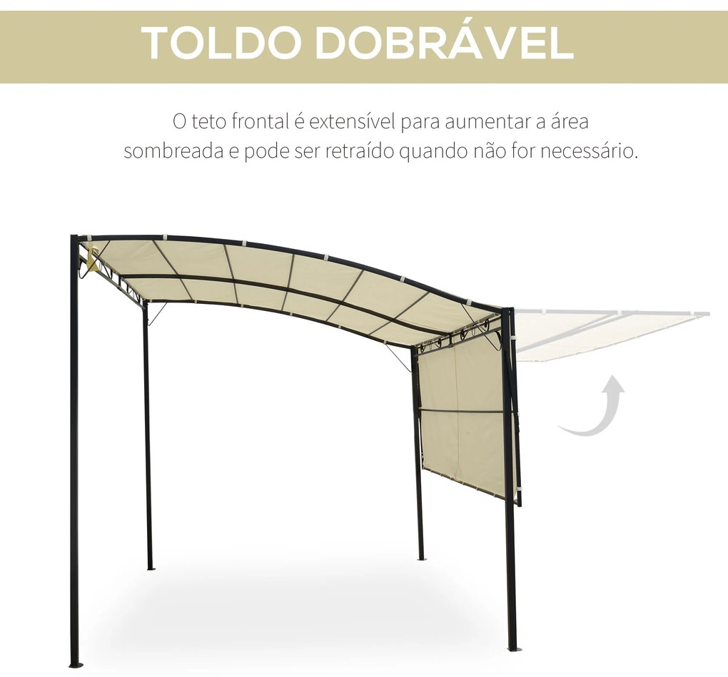 Outsunny Pérgola de Jardim 3x2,5m Pérgola Montada na Parede com Teto Retrátil 10 Orifícios de Drenagem Estrutura de Aço e Poliéster 180 g/m² para Pátio Terraço Exterior Creme