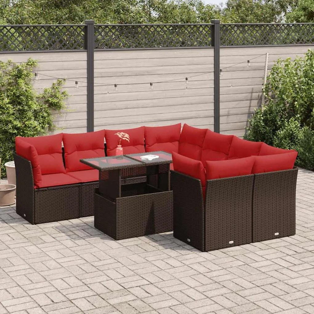 9 pcs conj. sofás jardim c/ almofadões vime PE/acácia castanho