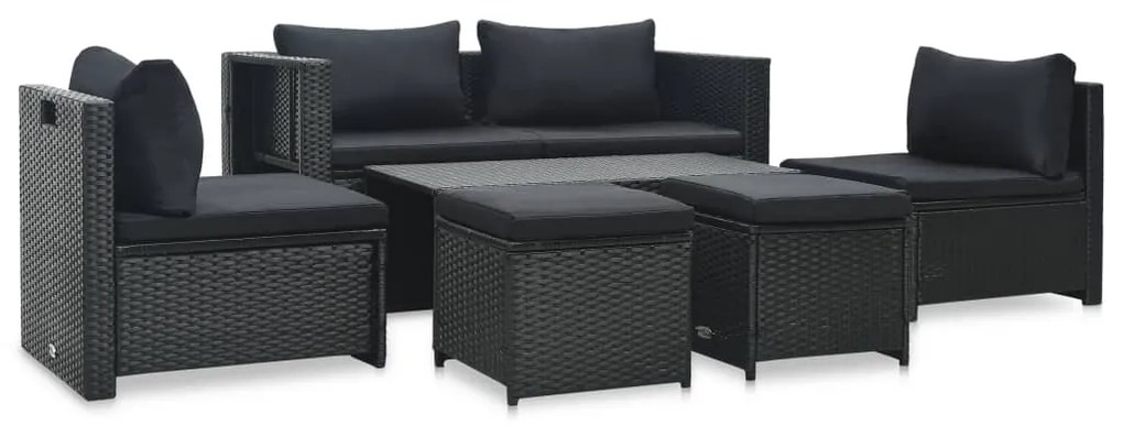 6 pcs conjunto lounge de jardim c/ almofadões vime PE preto