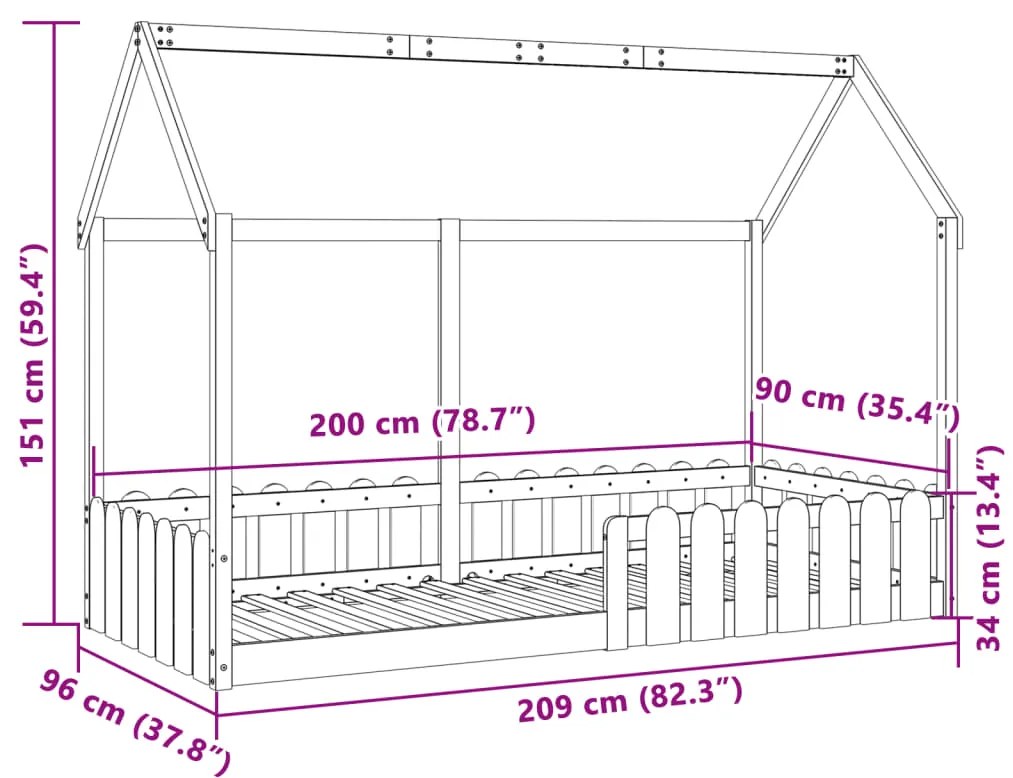 Cama infantil formato de casa 90x200 cm pinho maciço branco