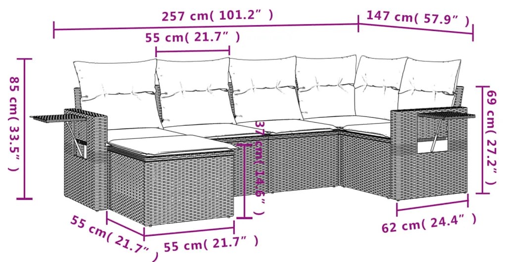 6 pcs conj. sofás jardim com almofadões vime PE cinzento-claro