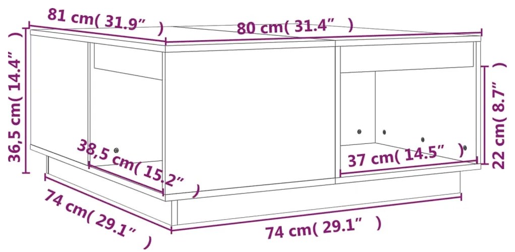 Mesa de centro 80x81x36,5 cm madeira pinho maciça castanho mel