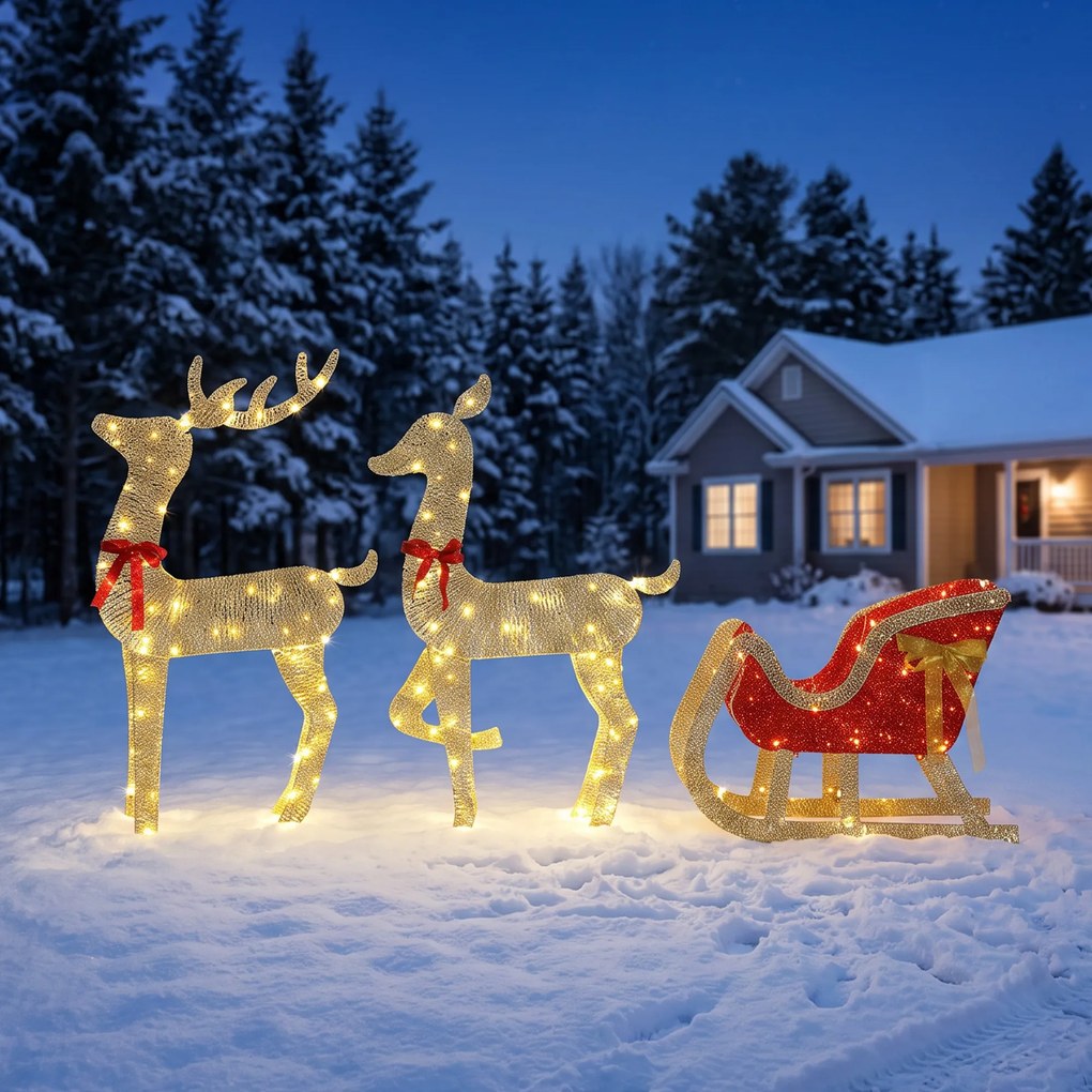 Conjunto de 3 Peças com Renas de Natal Iluminadas, 200 LED Branco Quente, 8 Modos e Temporizador Diário