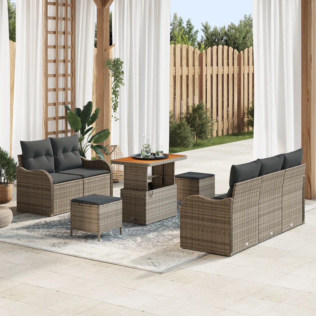 Conjunto de Sofá de Jardim em 8 Peças com Almofadas Cinza em Vime e Acácia