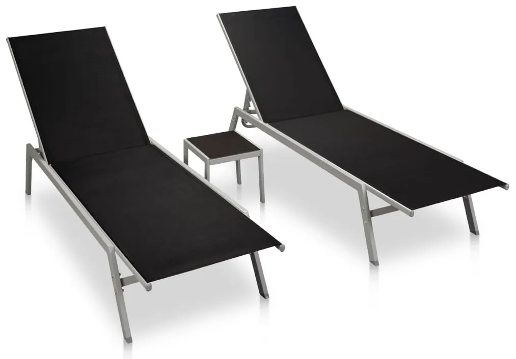 48012 vidaXL Espreguiçadeiras com mesa 2 pcs aço e textilene preto