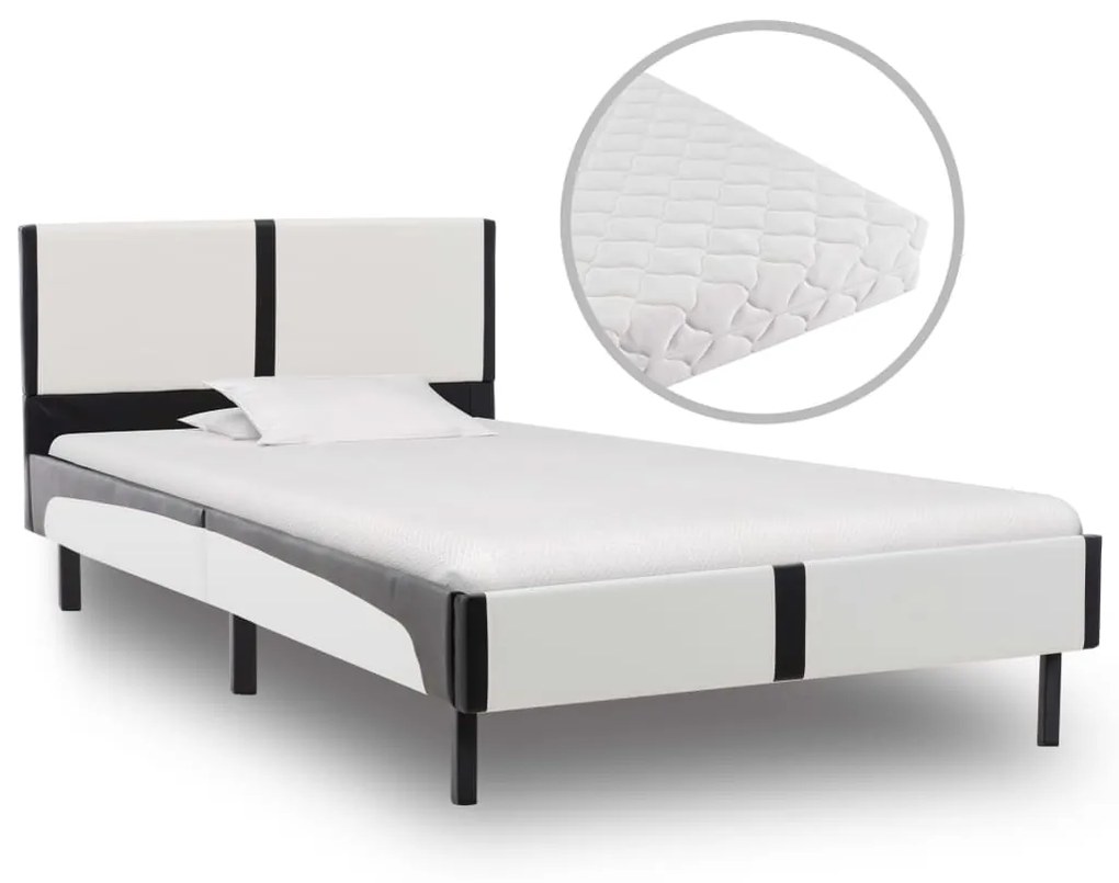 vidaXL Cama com colchão 90x200 cm couro artificial branco e preto