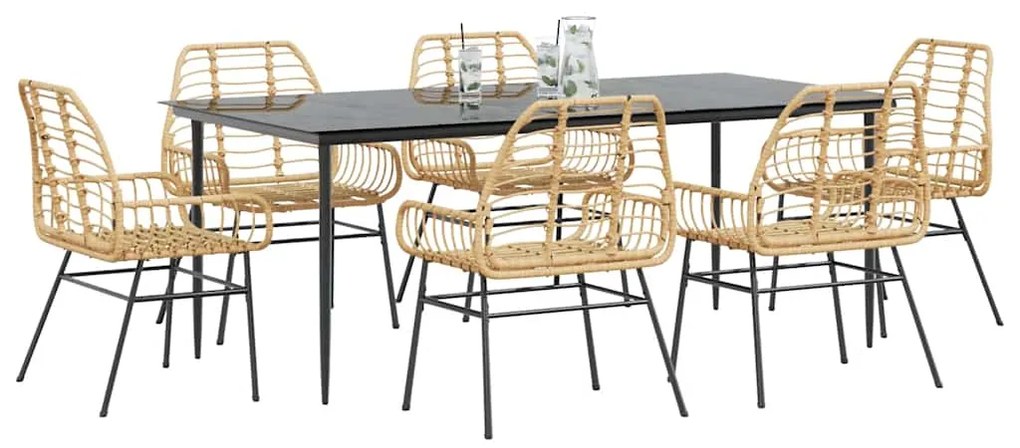 Conjunto jantar jardim 7 peças vidro vime PE castanho