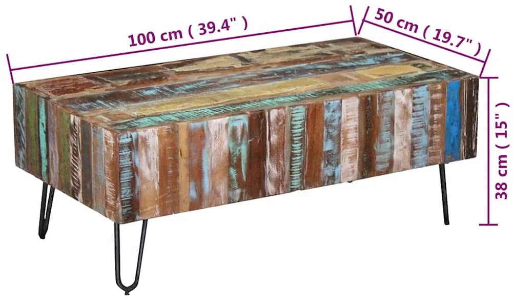 Mesa de centro 100x50x38 cm madeira reciclada maciça