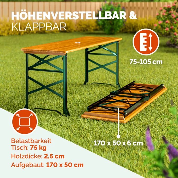 Mesa para jardim, campismo, tendas, piquenique (GUARDA SOL NÃO INCLUIDO) 170x50x75-105cm regulável em altura e dobravel Verde e Castanha
