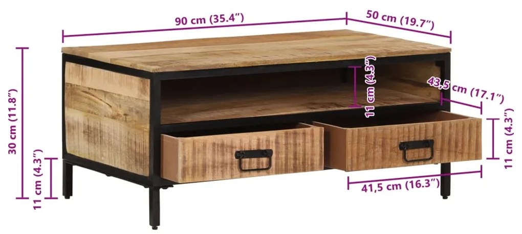 Mesa de centro 90x50x30 cm madeira de mangueira áspera maciça