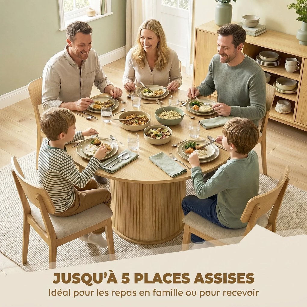 Mesa de jantar redonda para 5 pessoas, Ø 120 x 75 cm (CADEIRAS NÃO INCLUIDAS), mesa de cozinha com base cilíndrica canelada, madeira natural
