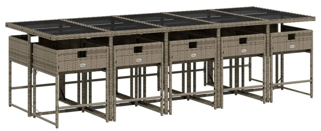 11 pcs conjunto jantar p/ jardim c/ almofadões vime PE cinzento