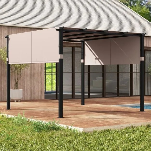 Pérgola com teto plano 305 x 305 cm retrátil Exterior Piscina Alpendre Jardim Bege