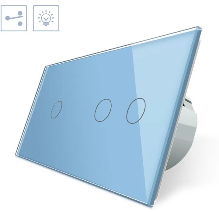 Comutador/interruptor 2 módulos tátil 3 botões, Painel frente azul vidro temperado