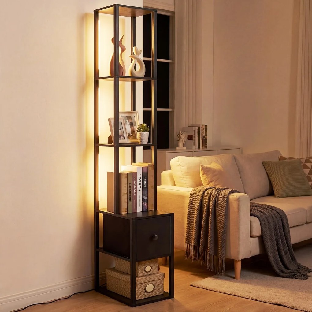 Candeeiro de pé moderno com prateleiras e gaveta Mesa auxiliar com brilho ajustável para sala de estar, quarto, escritório, casa Preto